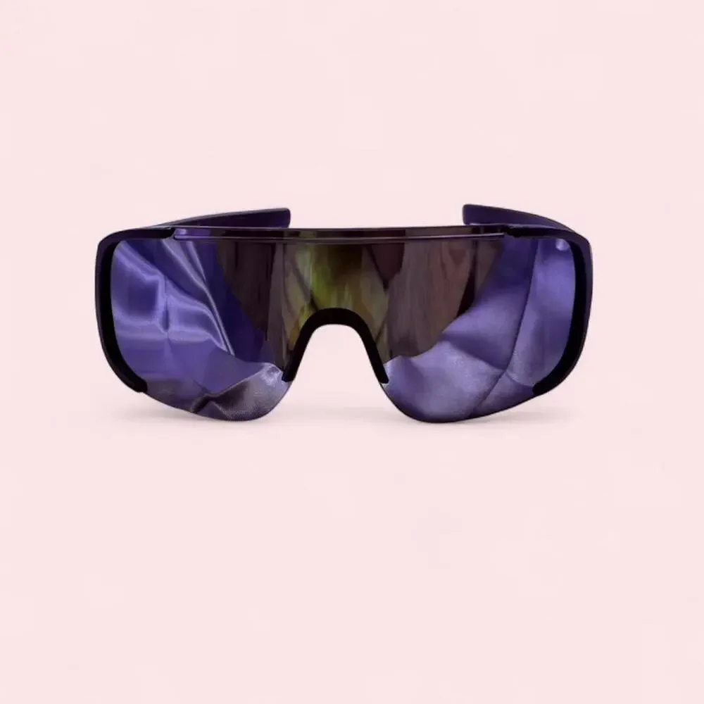 Unisex Black mirrored shield sunglasses with a sleek futuristic wraparound fit